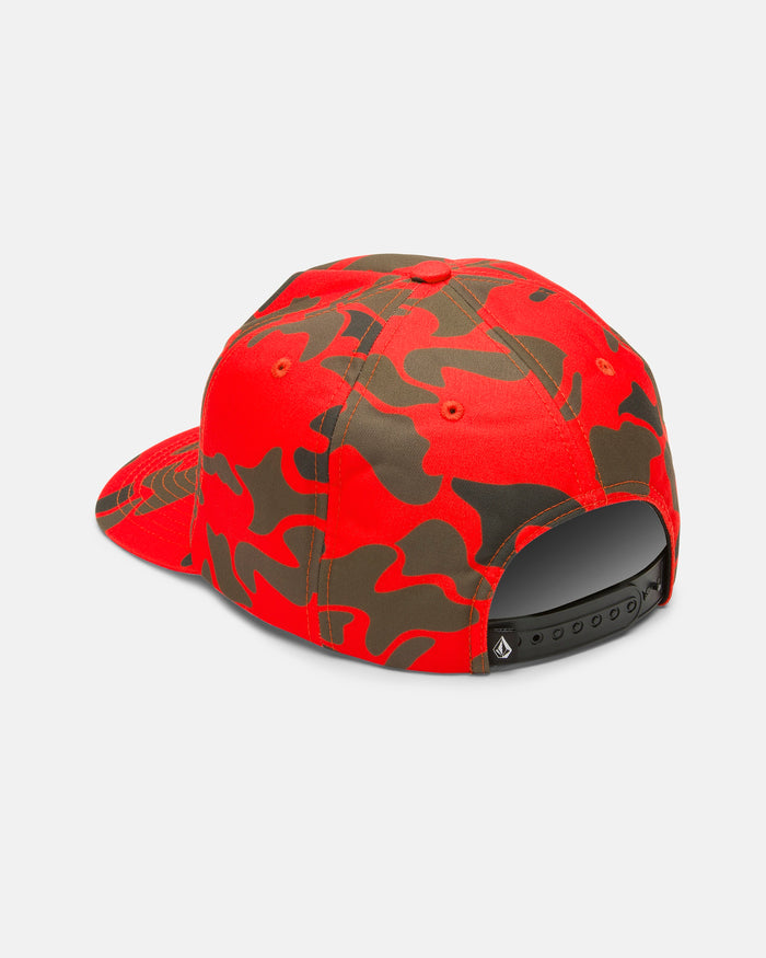 The Volcom Men's On The Hunt Workwear Hat is shown from the back in a red and green camouflage pattern, featuring an adjustable black plastic snapback strap and a small black logo tag above the opening, offering a classic fit inspired by Volcom's signature workwear style.