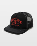 The Men's Over The Falls Cheese by Volcom is a black mesh trucker hat with white stitching, red VOLCOM text, a logo, and "ESTD 1991" above Hawaii on the front. It features a curved bill and mesh back.