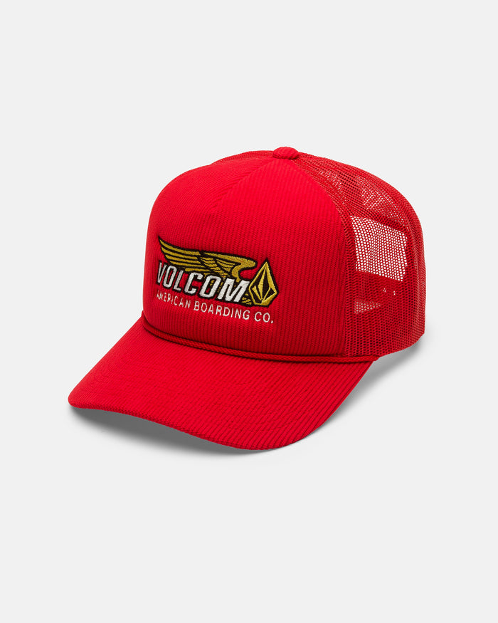 Men's Overdrive Trucker hat by Volcom, featuring a red corduroy front panel with an embroidered yellow wing, Volcom logo, and "VOLCOM AMERICAN BOARDING CO." text on a plain background. The hat has a curved bill and breathable mesh panels at the back.