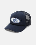A Men's Overdrive Trucker hat by Volcom, featuring a navy blue corduroy front with a curved brim and an oval patch reading "Stone" in blue script. This hat has a black mesh back and an adjustable strap for comfort.