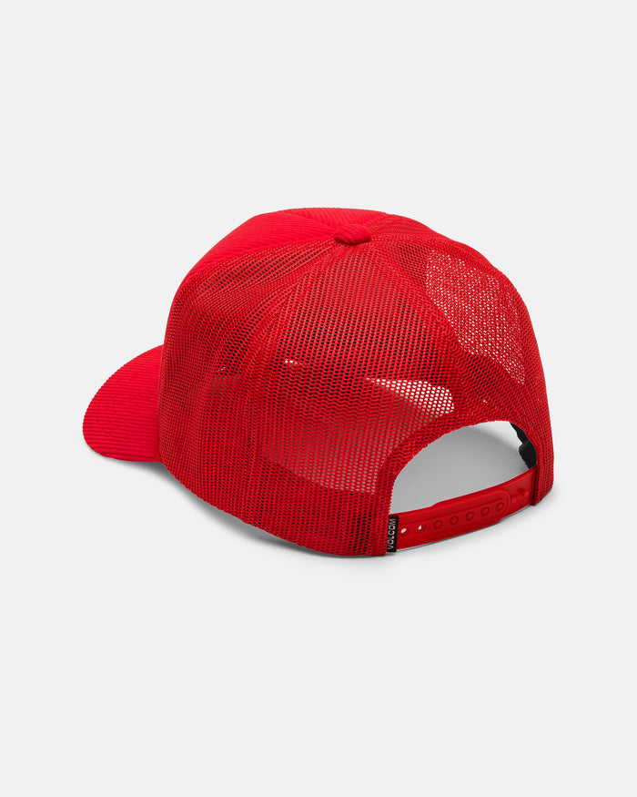 A red Volcom Men's Overdrive Trucker Hat is displayed from the back, highlighting its adjustable snapback closure. The hat features breathable mesh panels across most of the cap, providing excellent ventilation and comfort.