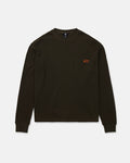The Volcom Men's Overtime Workwear Thermal Long Sleeve Shirt is shown laid flat on a white background. This dark green, ribbed shirt features classic workwear styling with long sleeves, a crew neckline, and a small chest pocket adorned with a brown rectangular patch.