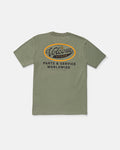 The Volcom Men's Parts And Services Short Sleeve Tee features olive green organic cotton, a bold orange Volcom Stone logo on the front, "Parts & Service Worldwide" on the back, and soft hand screen prints for comfort and style.