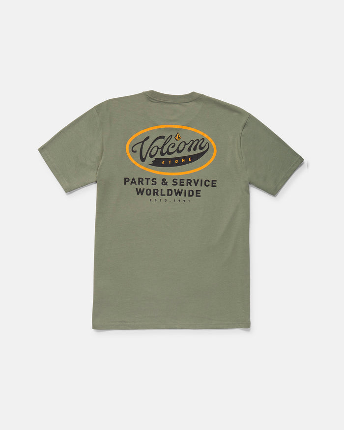 The Volcom Men's Parts And Services Short Sleeve Tee features olive green organic cotton, a bold orange Volcom Stone logo on the front, "Parts & Service Worldwide" on the back, and soft hand screen prints for comfort and style.