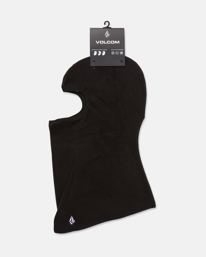 A black Volcom Men’s Powclava polyester fleece balaclava is displayed flat with its packaging, featuring a face opening and a small Volcom logo near the bottom.