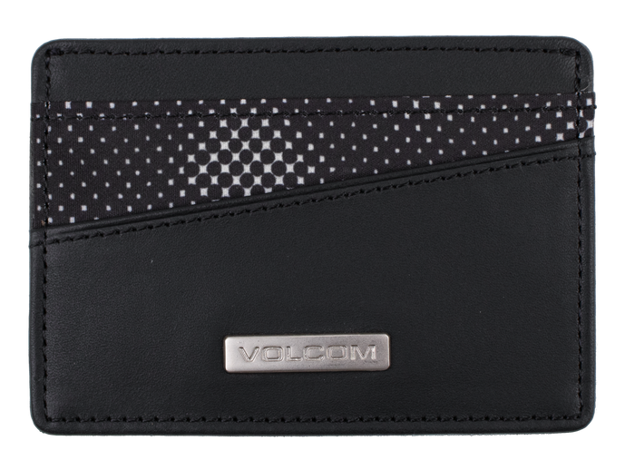 The Volcom Men's Primo Cardholder is a slim black wallet featuring a metal logo plaque and two diagonal card slots, one accented with a geometric black-and-white pattern—perfect for keeping your essentials organized in style.