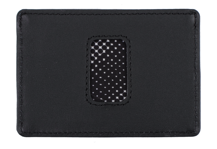 A black leather card holder by Volcom, featuring an oval mesh window in the center that reveals a black and white polka dot pattern. Named the Men's Primo Cardholder, this slim wallet blends style and everyday functionality for your essentials.