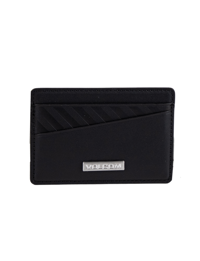 The Volcom Men's Primo Dos Cardholder features a sleek black design with diagonal textured lines on the top left and is accented by a silver metal plate engraved with "VOLCOM" at the bottom center, displayed against a plain white background.