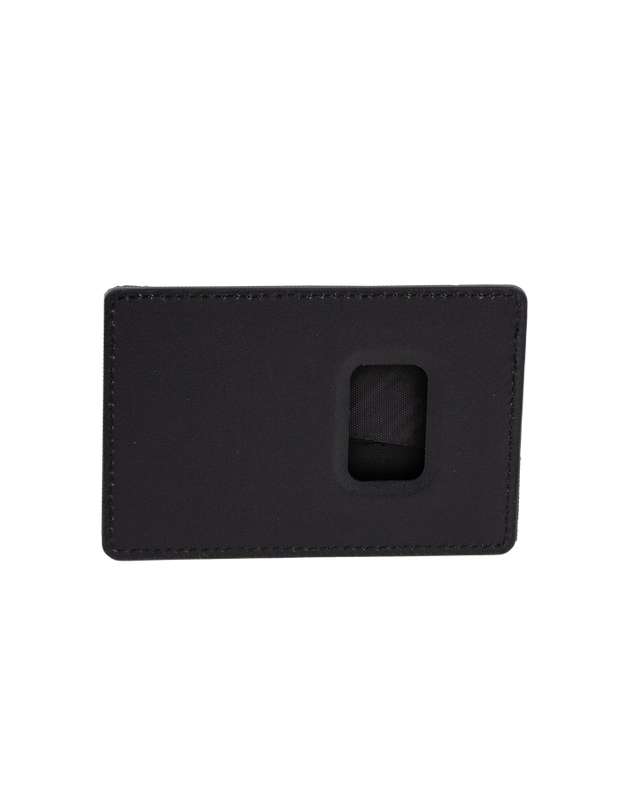 The Volcom Men's Primo Dos Cardholder is a black, rectangular accessory featuring a small transparent window that reveals part of the inner pocket. Visible stitching accents the edges, and it is photographed against a plain white background.