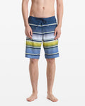 A person stands barefoot, shown from the waist down against a plain white background, wearing Volcom Men's Quarta Dissolve Mod 20 swim trunks featuring blue, white, and yellow stripes with a drawstring waist.