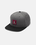 The Men's Quarter Evo Twill by Volcom is a gray cotton twill snapback hat featuring a black brim and a maroon square Volcom logo patch on the front panel, displayed against a plain white background.
