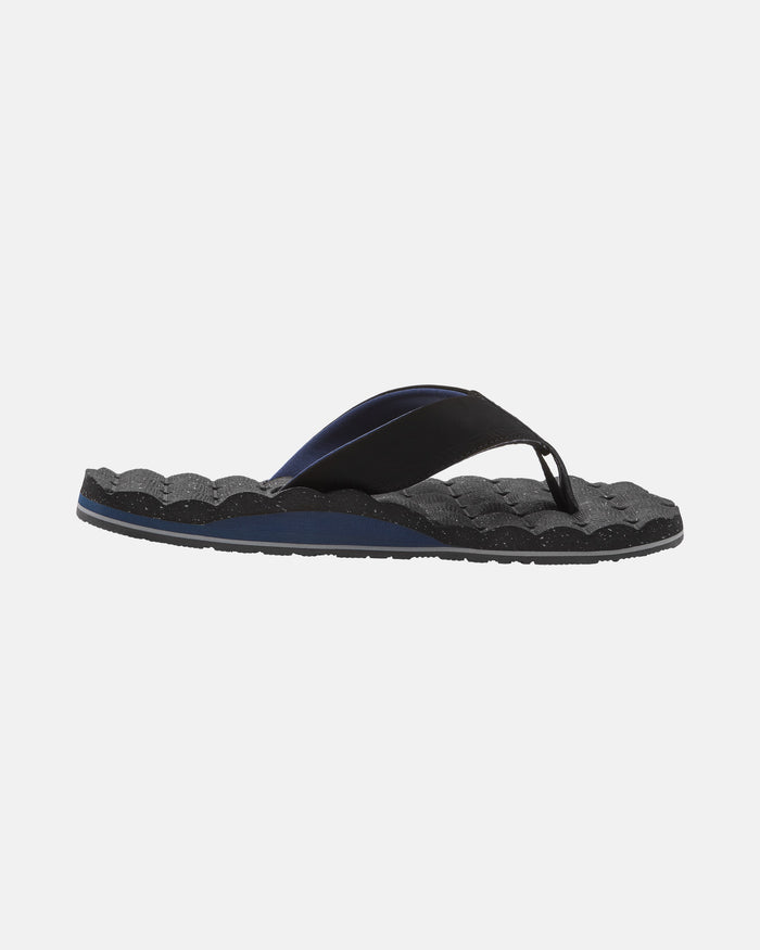 The Volcom Men's Recliner flip-flop features a black textured, extra cushy sole and a dark blue strap accent, shown in a side profile view against a white background.