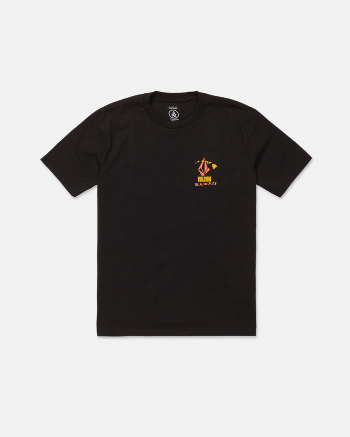The Volcom Men's Refractor Short Sleeve Tee is a black t-shirt made from premium ring spun cotton, showcasing a small, colorful graphic and the word "VISION" on the left chest with a soft-hand screen print, displayed against a clean white background.