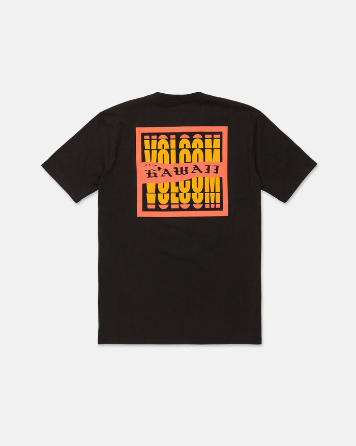 The Men's Refractor Short Sleeve Tee by Volcom is a black T-shirt made from premium ring spun cotton. It showcases a bold yellow and orange VOLCOM graphic on the back, with "HAWAII" printed across the center in striking red letters. Designed for comfort, the tee features a soft-hand screen print and classic fit, displayed flat on a white background.