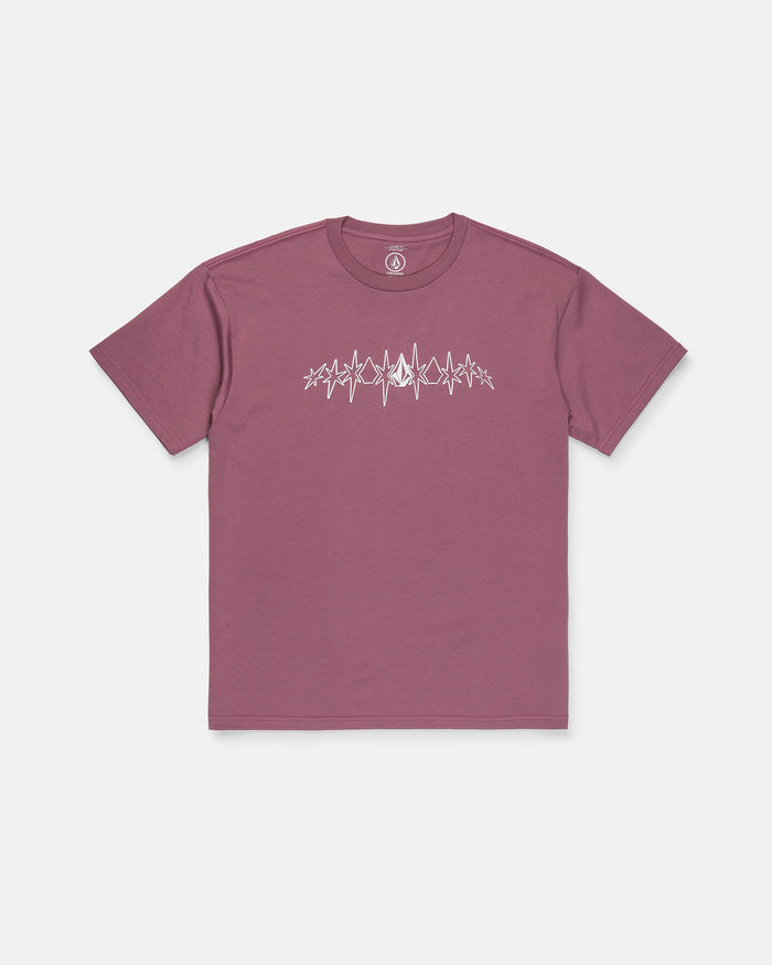 The Volcom Men's Repeater Short Sleeve Tee is a mauve heavyweight ringspun cotton t-shirt featuring a white graphic across the chest that resembles a soundwave or heartbeat line, shown on a plain white background.