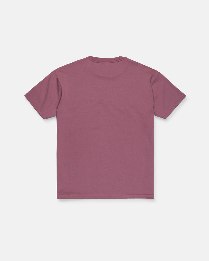 A Volcom Men's Repeater Short Sleeve Tee in mauve, featuring a plain design and premium crew neck, is laid flat with the back facing up against a white background.