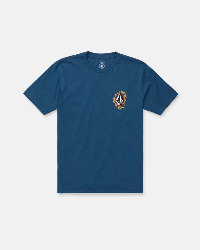 The Men's Ringafire Short Sleeve Tee by Volcom is crafted from premium ring spun cotton in a blue color, and features a small, multicolored embroidered logo on the left chest. The tee is displayed against a plain white background.