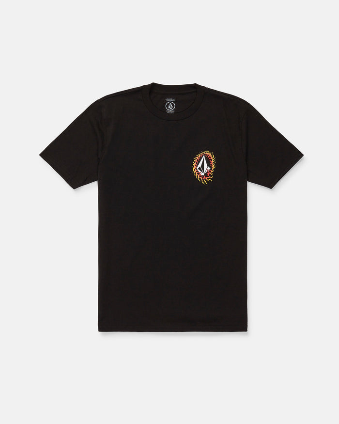 The Volcom Men's Ringafire Short Sleeve Tee is a black, heavy-weight premium cotton t-shirt with a small, multicolored flame and geometric emblem design on the left chest. Shown on a white background, this classic-fit tee offers everyday comfort.