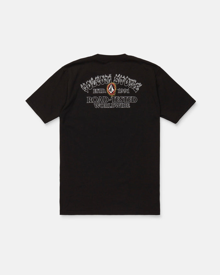 The Men's Ringafire Short Sleeve Tee by Volcom is crafted from heavy-weight premium cotton and features a striking flame graphic. The back showcases text reading "Volcom Stone, Estd. 1991, Road-Tested Worldwide," completed with a bold red and white Volcom logo beneath the text. This classic fit tee combines standout style with quality construction.