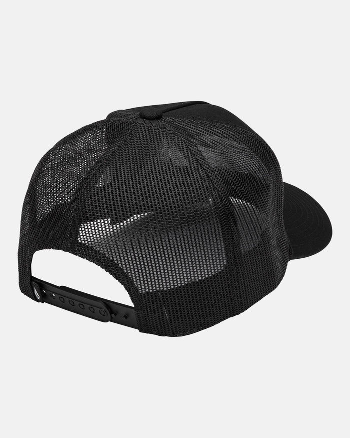 The Volcom Men's Road Tested Cheese Hat is shown from the back, featuring a black polyester mesh snapback and adjustable closure.