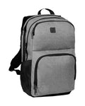 A Men's Roamer 3 Backpack by Volcom in gray and black, featuring multiple zippered compartments, a top handle, ergonomic mesh straps, and a padded laptop zone, displayed against a white background.
