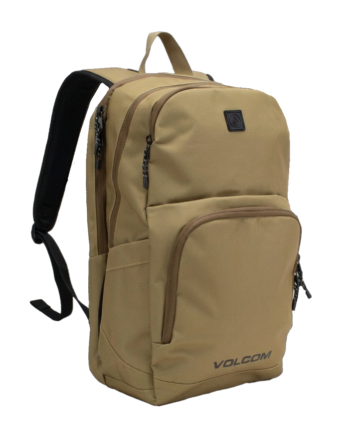 A tan Volcom Men's Roamer 3 Backpack featuring two zippered compartments, a padded laptop sleeve, black padded shoulder straps, a top handle, and the Volcom logo on the front pocket.