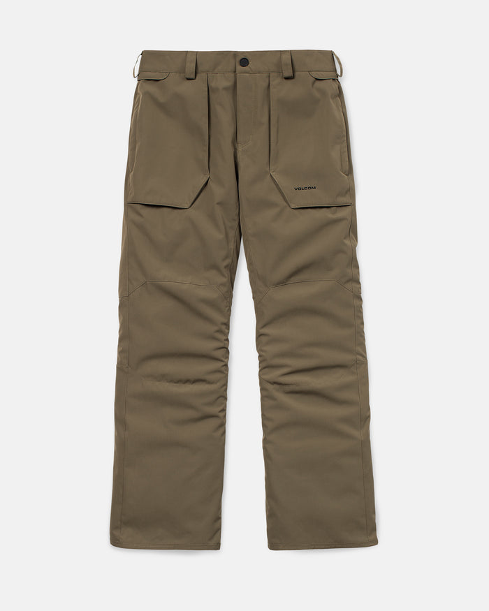 The Volcom Men’s Roan 20K Pants, crafted from recycled fabric in olive green, feature two large front pockets, belt loops, and a button closure, and are displayed flat on a white background.