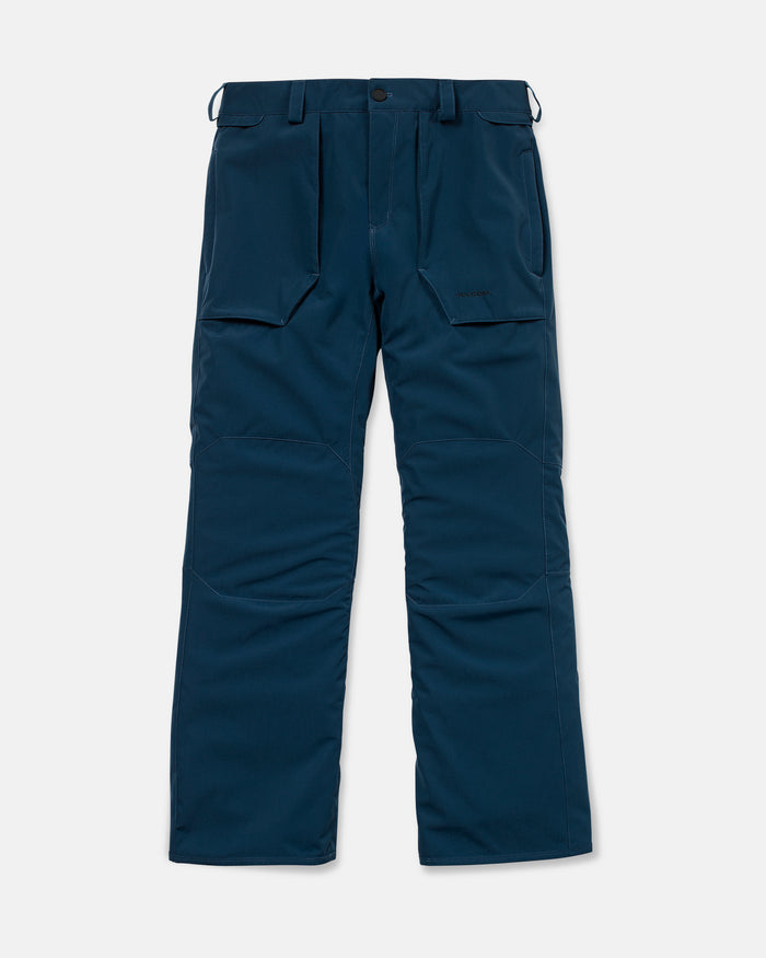 The Men’s Roan 20K Pants by Volcom, crafted from recycled fabric for a sustainable touch, feature a dark blue color, straight-leg fit, front pockets, button and zip closure, and subtle stitching details; shown laid flat on a white background.