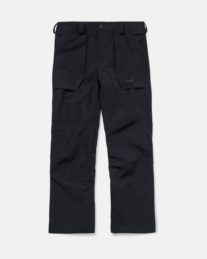 A pair of Volcom Men’s Roan 20K Pants, straight-leg and black, crafted from recycled fabric with pockets, belt loops, and a button closure, laid flat on a white background—ideal as breathable ski pants for your next adventure.