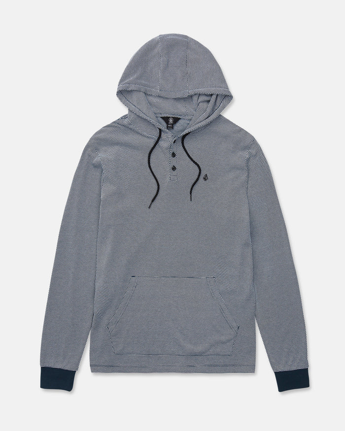 The Volcom Men's Rowan Thermal Long Sleeve Shirt is a gray pullover hoodie featuring black drawstrings, a three-button neck, a front kangaroo pocket, and dark ribbed cuffs. Providing midweight warmth, it is shown laid flat on a white background.