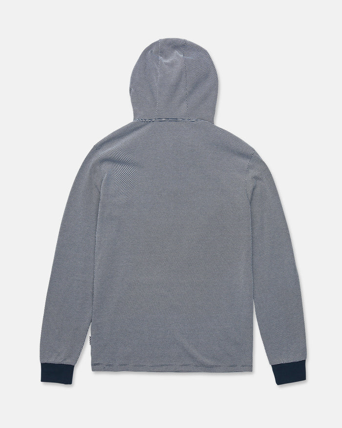 A back view of the Volcom Men's Rowan Thermal Long Sleeve Shirt in gray, featuring subtle diagonal stripes and dark cuffs, designed as a midweight warmth layer, laid flat on a white background.