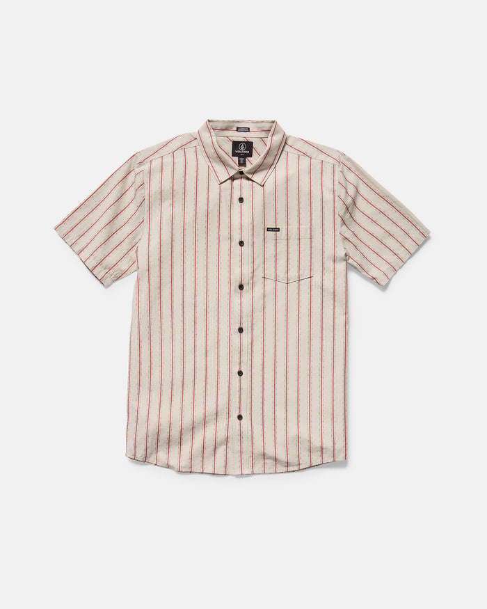 The Volcom Men's Sato Stripe Short Sleeve Tee features a white base with red vertical stripes, a left chest pocket, black front buttons, and a classic fit in soft cotton slub.