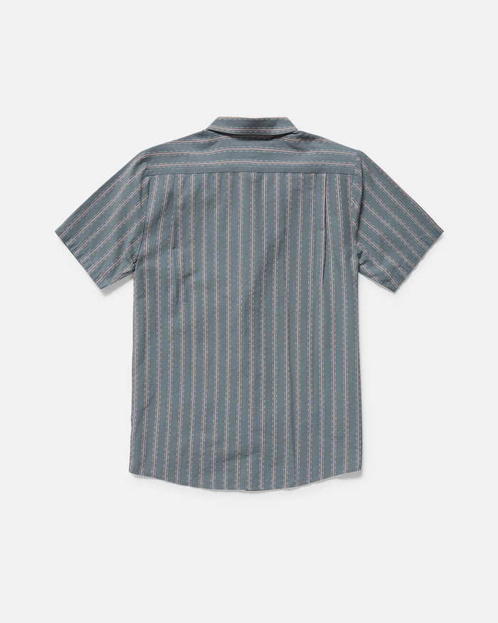 Back view of a gray striped shirt on a white background