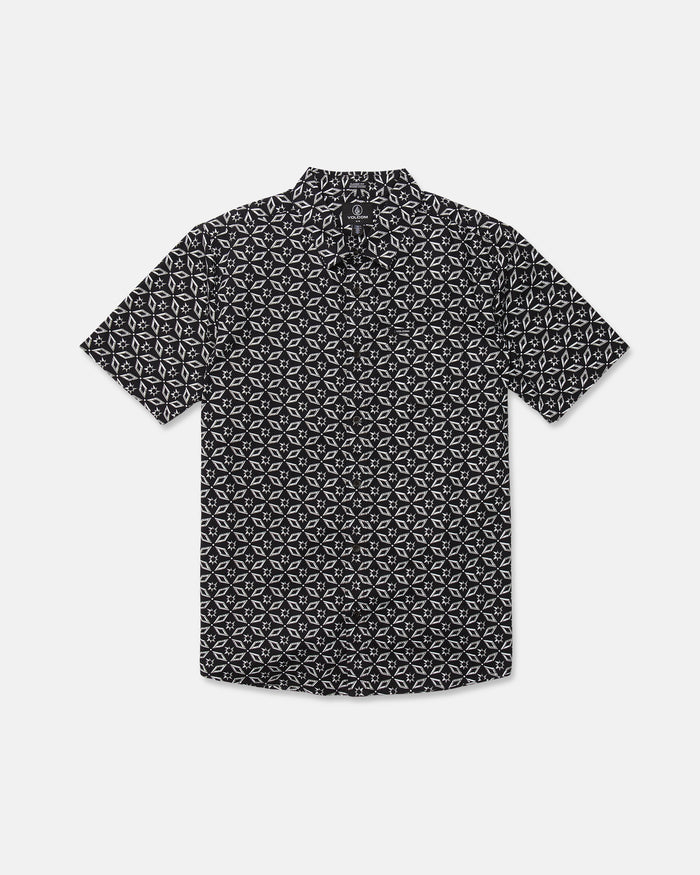 The Volcom Men's Scaler Stone Short Sleeve Shirt features a black color with a white geometric print and is shown laid flat on a white background.
