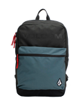 A Volcom Men's School Backpack in black and teal, featuring a front zip pocket, red zipper pulls, and the Volcom logo on the lower right corner, designed with ergonomic straps for comfortable carrying and a padded laptop sleeve for tech protection.