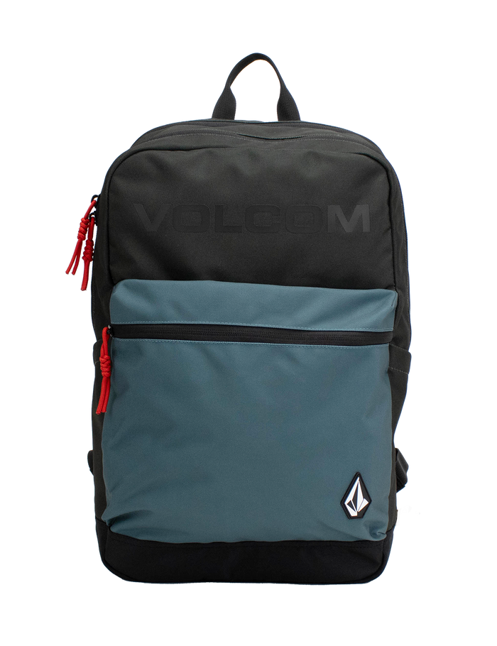 A Volcom Men's School Backpack in black and teal, featuring a front zip pocket, red zipper pulls, and the Volcom logo on the lower right corner, designed with ergonomic straps for comfortable carrying and a padded laptop sleeve for tech protection.