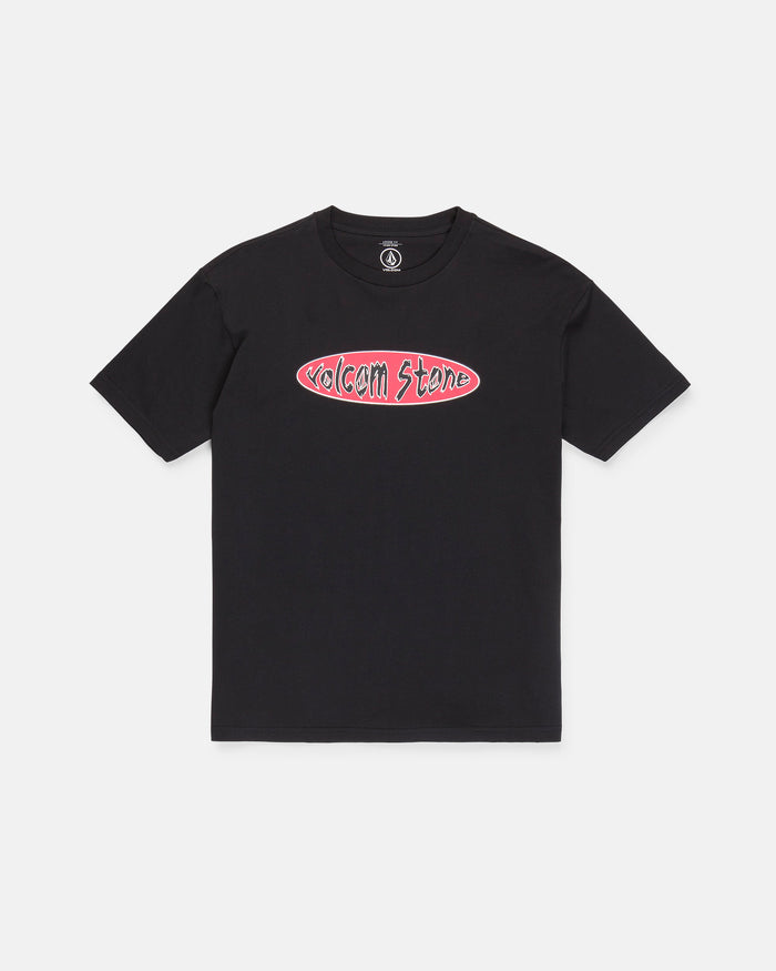 Introducing the Men's Scratch Stone Short Sleeve Tee by Volcom—a loose fit black t-shirt featuring a 90's inspired Volcom Stone logo in pink and white text inside an oval design on the chest. Made from heavyweight ringspun cotton, this tee is laid flat against a white background.