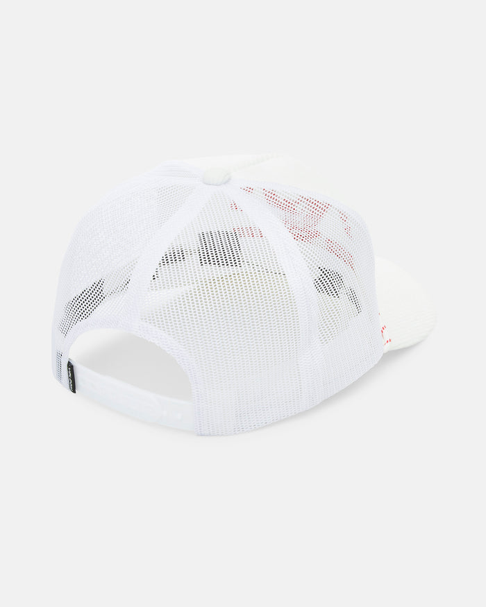 The Volcom Men's Shred Supply Trucker is a white mesh five-panel hat with a curved brim and plastic snapback closure, offering breathable, see-through mesh for comfort and style.