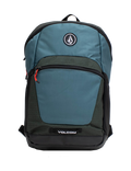 Introducing the Volcom Men's Slam School Backpack in blue and dark green, featuring a spacious main compartment, front zip pocket with a red zipper pull, and a black Volcom logo patch on the upper front. The bottom showcases a white Volcom logo, while the interior includes a padded laptop sleeve for enhanced protection.