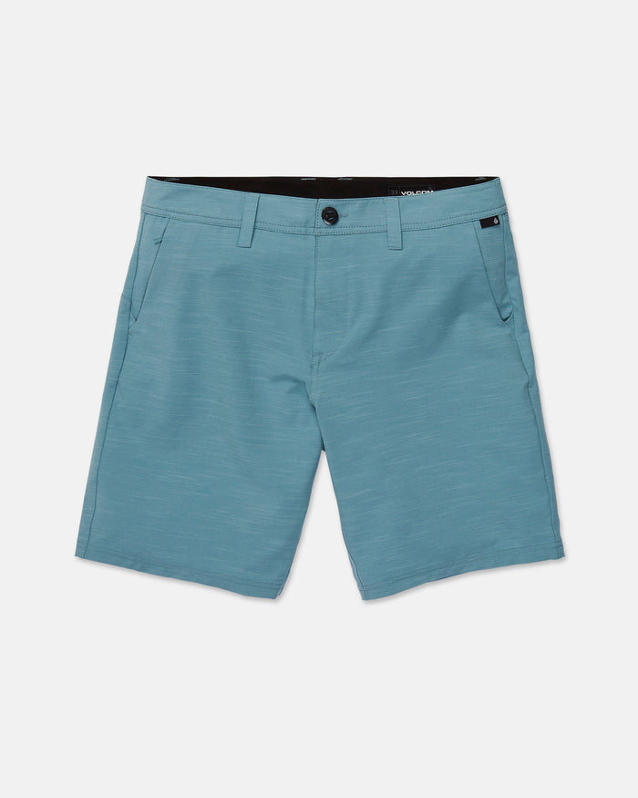 Volcom Men's Slub Frickin Cross Shred Hybrid Shorts in light blue, offering a modern fit with button and zipper closure, front and back pockets, and belt loops, shown against a white background.