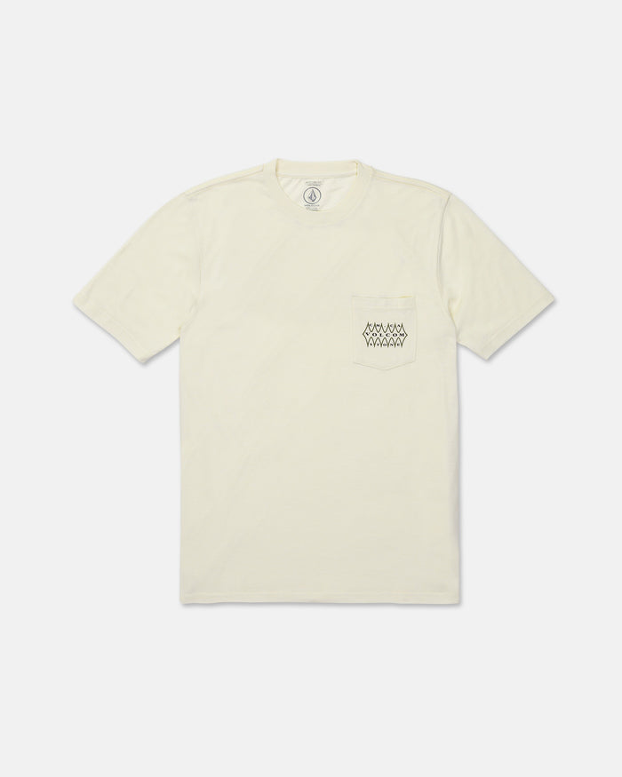 The Volcom Men's Smokers Lounge Short Sleeve Tee, shown laid flat on a white background, is a modern fit off-white t-shirt featuring short sleeves, a crew neck, and a chest pocket decorated with a subtle, repeated black wave pattern.