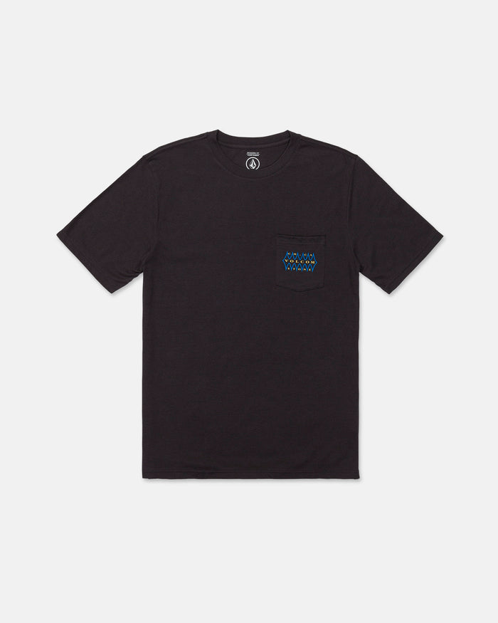The Volcom Men's Smokers Lounge Short Sleeve Tee is a modern fit t-shirt in washed black heather, featuring a plain short-sleeve design with a small blue logo or text on the left chest pocket, shown against a white background.