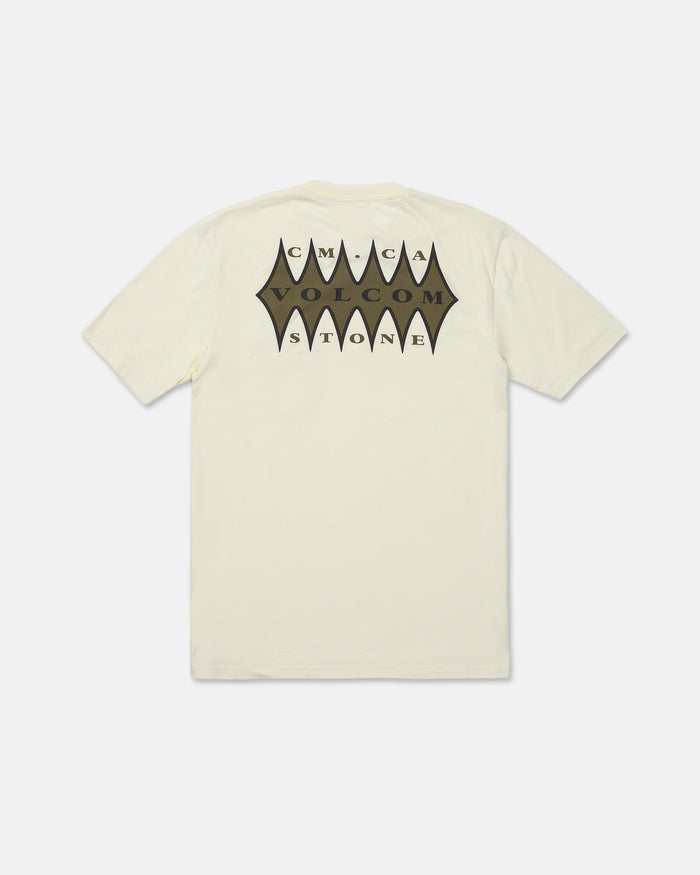 The Volcom Men's Smokers Lounge Short Sleeve Tee comes in a cream color and showcases "CM CA VOLCOM STONE" in bold black letters set within a spiked black graphic on the back. Featuring a modern fit and classic crew neck, this stylish tee makes a comfortable addition to your collection.