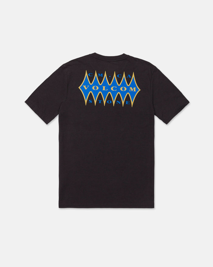 The Volcom Men's Smokers Lounge Short Sleeve Tee features a washed black heather colorway and a modern fit. A convenient chest pocket adds both style and function, while the back showcases a bold graphic with blue and yellow diamond shapes and the text "VOLCOM STONE" in large letters, with "CMA, CA" in smaller font above.