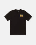 The Men's Snakes Oil Pocket Short Sleeve Tee by Volcom is a black heavyweight t-shirt made from premium ring spun cotton. It features a small chest pocket topped with a colorful rectangular patch displaying "VOLCOM Stone" in yellow, red, and blue lettering. The tee is shown laid flat against a white background.