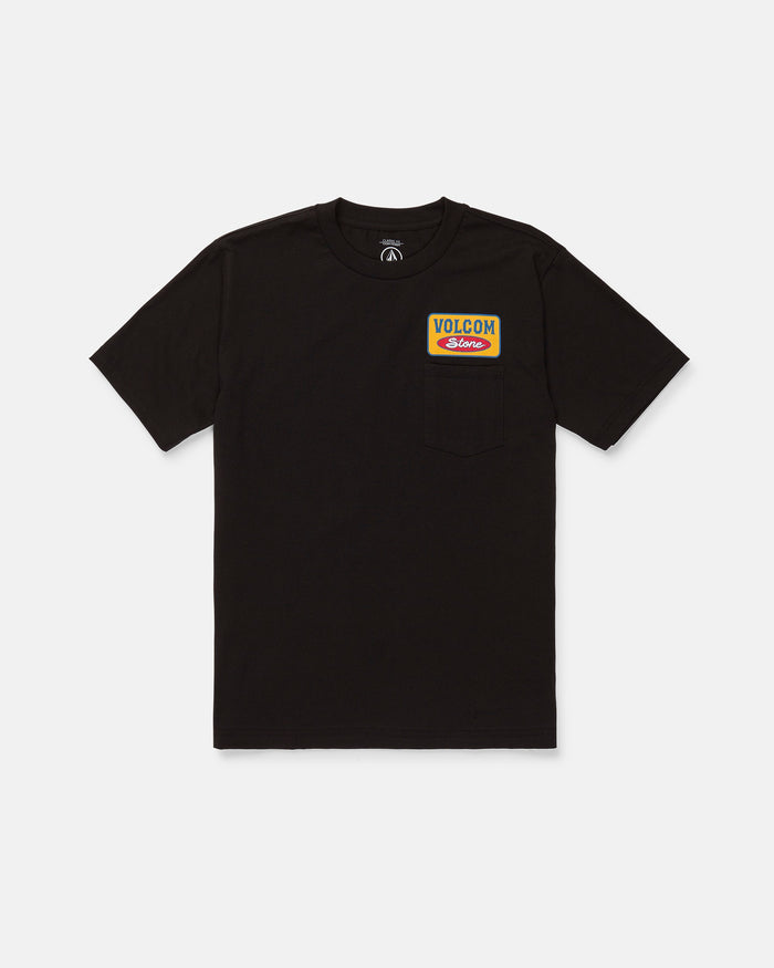 The Men's Snakes Oil Pocket Short Sleeve Tee by Volcom is a black heavyweight t-shirt made from premium ring spun cotton. It features a small chest pocket topped with a colorful rectangular patch displaying "VOLCOM Stone" in yellow, red, and blue lettering. The tee is shown laid flat against a white background.