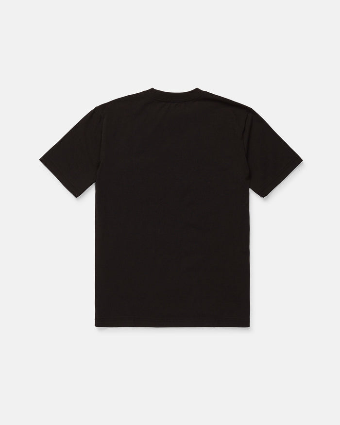 The Volcom Men's Snakes Oil Pocket Short Sleeve Tee in black is displayed laid flat on a white background, showing the back of the shirt.