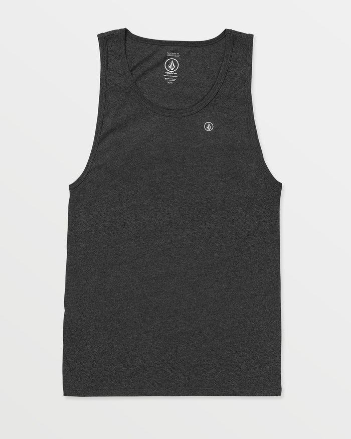 The Men's Solid Heather Tank by Volcom is a dark gray fitted tank top with a small circular logo on the left chest, displayed on a flat white background.