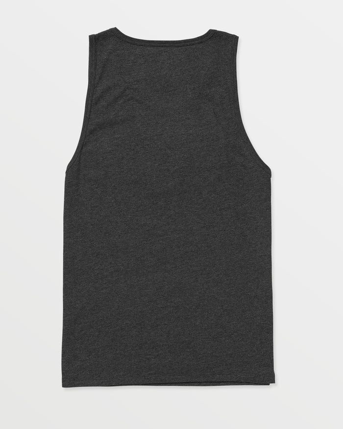 The Volcom Men's Solid Heather Tank in dark gray is laid flat with the back side facing up, displayed on a white background.