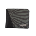 Introducing the Volcom Men's Solidstone Bifold: a stylish black and gray PU wallet featuring a diagonal leather accent and a striking abstract striped design. Built for durability, it showcases a sleek metallic Volcom logo on the front, all set against a clean white background.